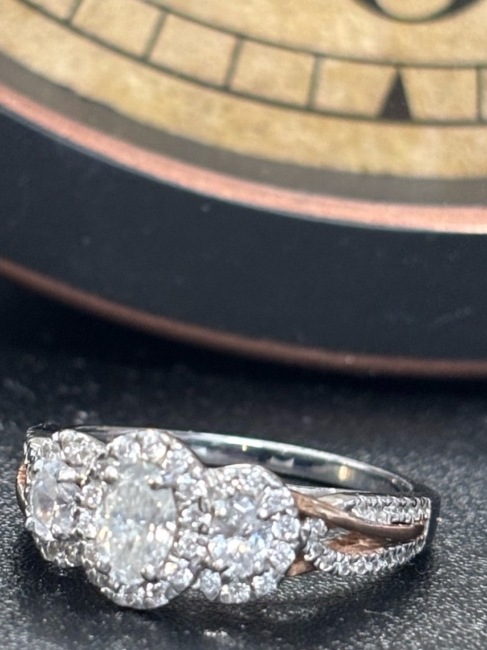 Oval Lab Diamond 💎 Three Halo Ring Sterling & Rose Gold Clad Vera Love 7.5 NWOT